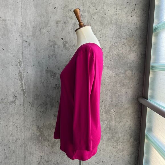 Lauren by RL Fuchsia Pink Contrast Trim Scoop Neck 3/4 Sleeve Top-Size L - Picture 3 of 10